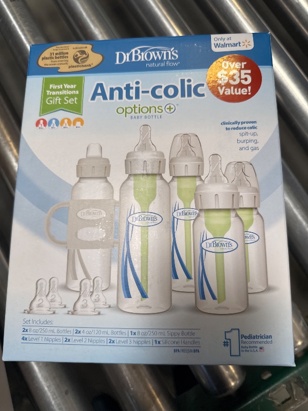 Photo 1 of Dr. Brown's Natural Flow Anti-Colic Options+ First Year Baby Bottle Gift Set, Blue, 100% Silicone Sippy Spout & Handles, Newborn to Toddler, BPA Free, 0m+, Clear