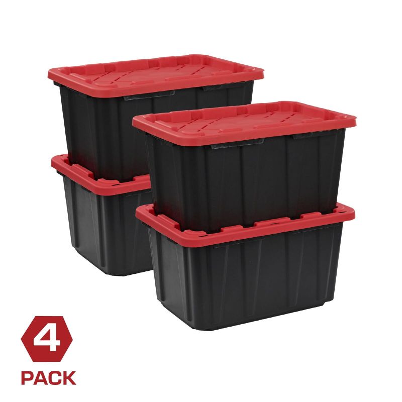Photo 1 of 4 Pack 27 Gallon Large Plastic Storage Container with Snap-on Lid,Black with Red