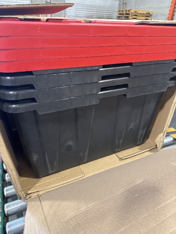 Photo 1 of 4 Pack 27 Gallon Large Plastic Storage Container with Snap-on Lid,Black with Red
