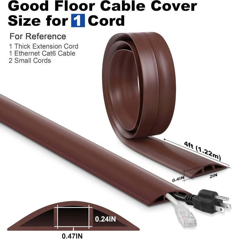 Photo 1 of LZEOY 4FT Cord Cover Floor, Extension Brown Cord Hider Floor, Power Cable Cover Cord Protector, Soft PVC Wire Covers for Cords, Cable Management Hide Cords - Cavity: 0.47" (W) x 0.24" (H)