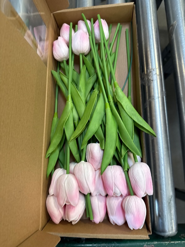 Photo 1 of Nature’s Mimic 20pcs Pink Faux Silk Tulips Flowers Fake Flowers Bouquets 13.5" Mother's Day Easter Valentine’S Day Gifts in Home Kitchen Wedding Dining Table Decorations Aesthetic No Odor