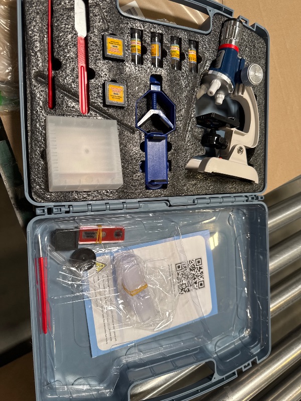 Photo 1 of 58-Piece Kids Microscope Kit - 100X-1200X Magnification, Metal Body, LED Light, Carrying Box - Science Experiment Toy for Kids Ages 5-12