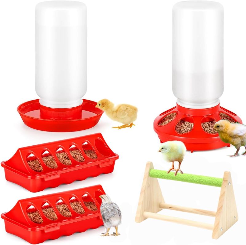 Photo 1 of Chick Feeder and Waterer Kit, 5 Pcs Baby Chicken Supplies with 2.2 Lb Chick Feeder and 0.3 Gal Waterer, Plastic Trough and Wooden Perch, Chick Starter Kit for Coop and Brooder