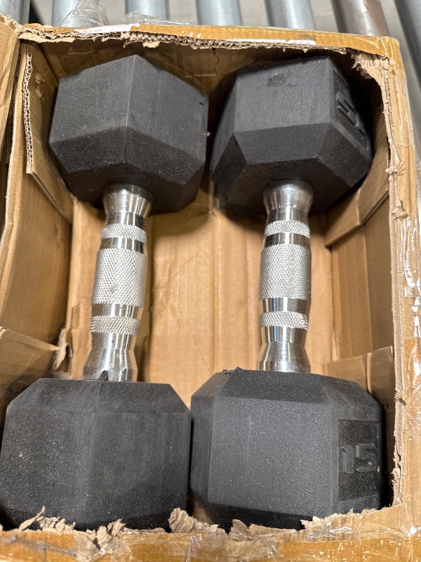 Photo 1 of CAP Barbell Set of 2 Hex Rubber Dumbbell with Metal Handles, Pair of 2 Heavy Dumbbells Choose Weight (5lb, 8lb, 10lb, 15lb, 20 Lb, 25lb, 30lb, 35lb, 40lb, 50lb) (15lb x 2)
