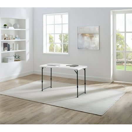 Photo 1 of Mainstays White 4 Foot Adjustable Height Folding Plastic Table Easy Fold Indoor Outdoor 5-Year Warranty Resistant to Scratch Stain & UV Damage B
