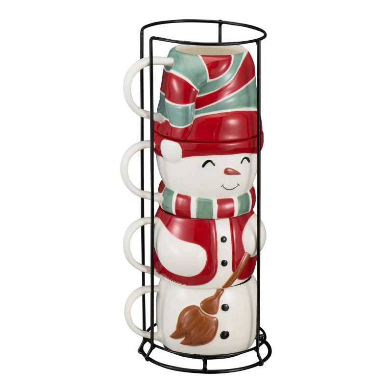 Photo 1 of Holiday Time 4-Piece 12oz Snowman Glazed Stoneware Ceramic Stacking Mug Set with