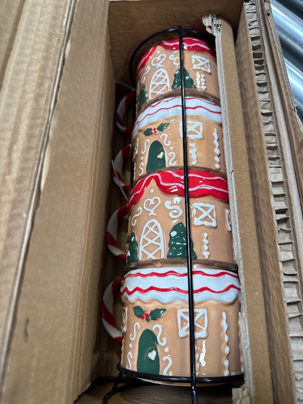 Photo 1 of Christmas Gingerbread House 4-Piece 12.2-Oz Ceramic Stoneware Stackable Mug Set With Metal Rack, Classic Design, Glazed Finish
