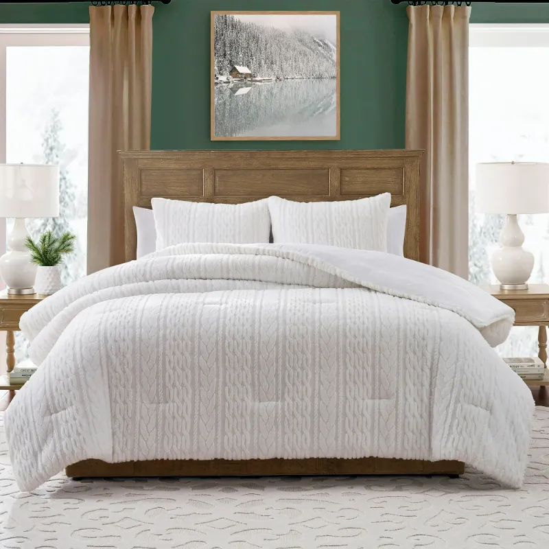 Photo 1 of My Texas House Anabel Carved Fur 3-Piece White Faux Rabbit Fur Comforter Set, King
