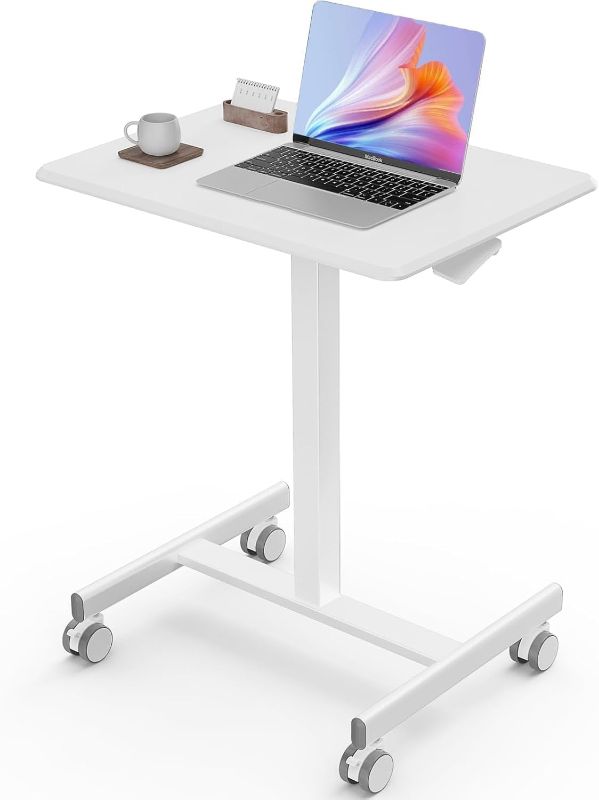 Photo 1 of Sweetcrispy Mobile Small Standing Desk - Sit Stand Portable Rolling Laptop Desk with Lockable Wheels, Adjustable Height Computer Workstations, White