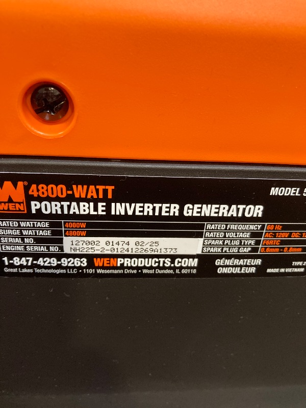 Photo 1 of WEN 56477i 4800-Watt Portable Inverter Generator, 72.7 pounds