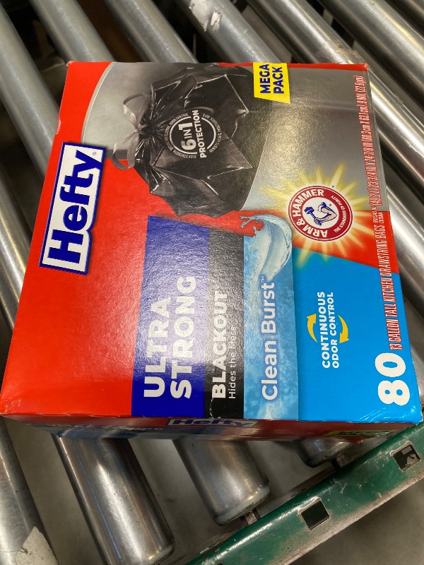 Photo 1 of Hefty Ultra Strong 13 Gallon Trash Bags, Black Tall Kitchen Trash Bags 13 Gallon Size, Break Resistant Drawstring Enclosure, Continuous Odor Control, Blackout, Clean Burst Scent, 80 Bags