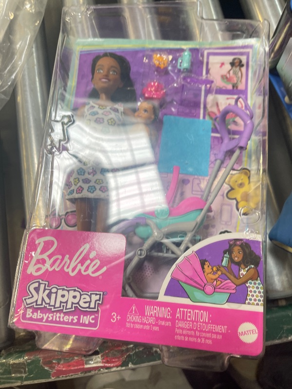 Photo 1 of Barbie Skipper Babysitters Inc Playset with Brunette Doll, Stroller, Baby Doll & 5 Accessories, Remove Stroller Seat for Carrier