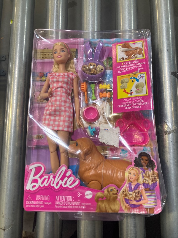 Photo 1 of Barbie Doll & Pets Set, Blonde with Mommy Dog, 3 Newborn Puppies with Color-Change Feature & Pet Accessories