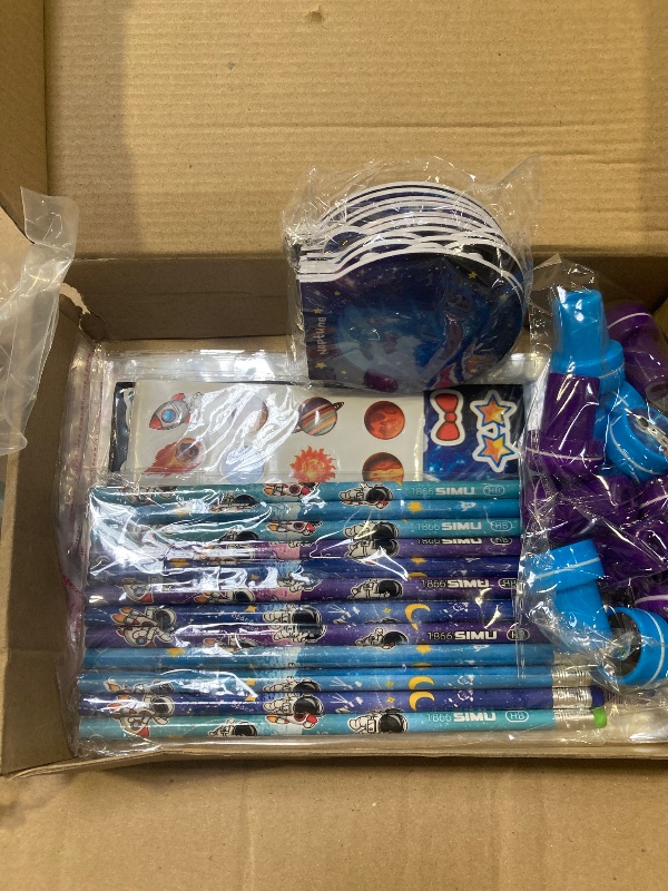 Photo 1 of BenLouis 108Pcs Outer Space Themed Party Favors Space Alien Sticker Stampers School Stationery Set Bulk Classroom Prizes for Astronaut Planet Birthday Party Goodie Bags Fillers
