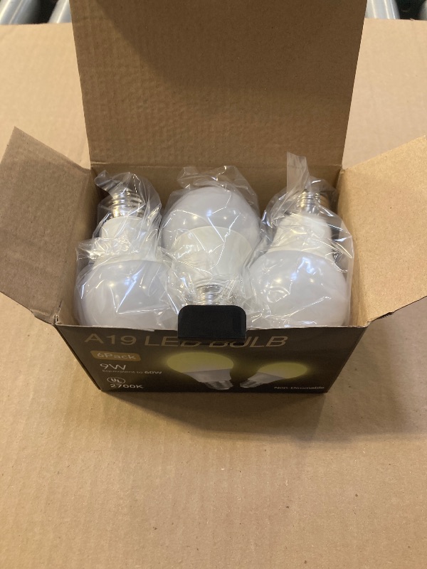Photo 1 of TJOY 6 Pack A19 LED Light Bulbs, 60 Watt Equivalent LED Bulb, Soft Warm White 2700K, Efficient 9W, E26 Standard Base, Non Dimmable Energy Saving Lightbulb, 800LM, 80 CRI, 120V, UL Listed