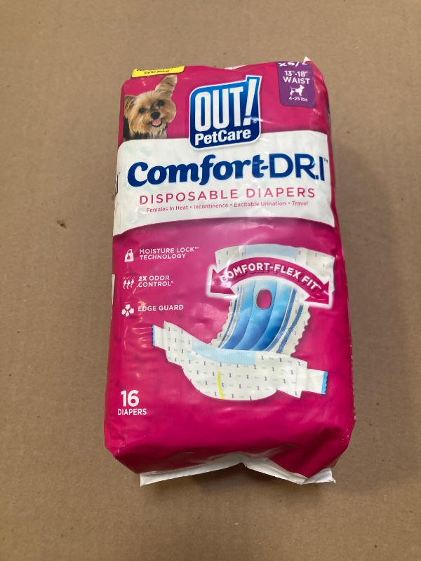 Photo 1 of OUT! Petcare Disposable Dog Diapers for Female Dogs, Dog Heat Diapers, Female Dog Period Pads, Female Doggy Diaper for Peeing, Pet Diapers for Small Pets,13”-18” Waist, XS/Small, 16 Count
