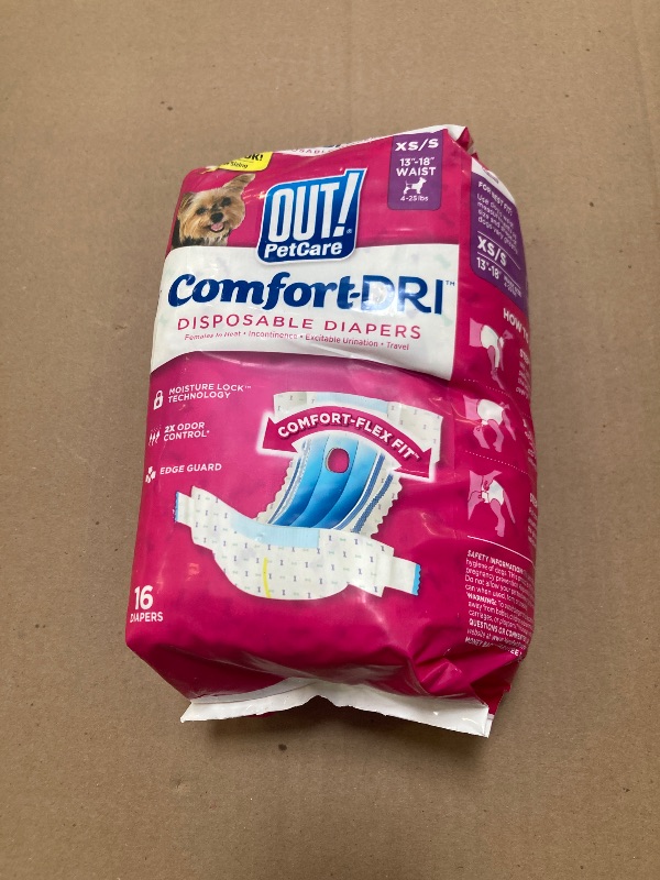 Photo 1 of OUT! Petcare Disposable Dog Diapers for Female Dogs, Dog Heat Diapers, Female Dog Period Pads, Female Doggy Diaper for Peeing, Pet Diapers for Small Pets,13”-18” Waist, XS/Small, 16 Count