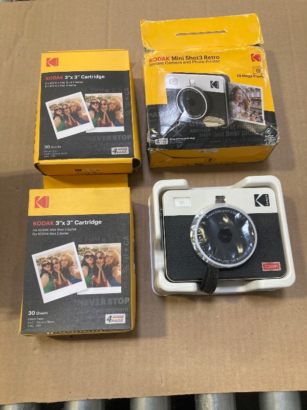 Photo 1 of KODAK Mini Shot 3 Retro 4PASS 2-in-1 Instant Digital Camera and Photo Printer (3x3 inches) + 60 Sheets Cartridge Bundle, White