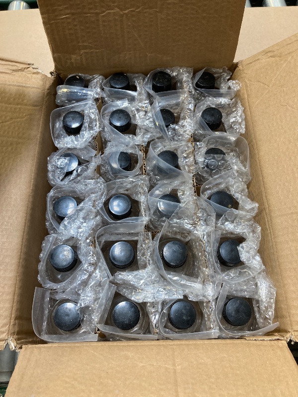 Photo 1 of Bekith 24 Pack Clear Boston Round with Black Poly Cone Cap, 4 oz Clear Glass Bottles Sample Bottles for Juice, Ginger Shots, Oils, Whiskey, Liquids