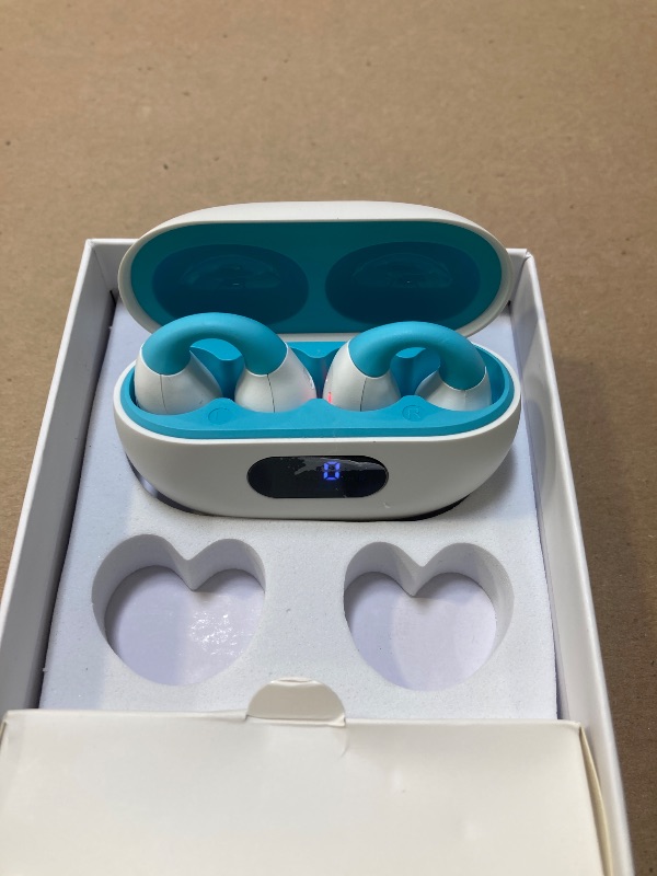 Photo 1 of Open Ear Headphones,True Wireless Bluetooth 5.3 Lightweight Comfort Bone Conduction Clip On Earbuds with LED Digital Display Charging Case Sport Built-in Mic IPX7 Waterproof for Running Fitness, Blue