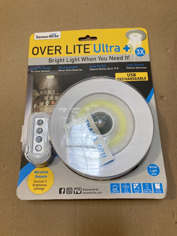 Photo 1 of Sensor Brite Overlite Ultra+ Rechargeable: Remote Control Ceiling/Wall LED Light with Adjustable Brightness, Motion Activated, Stick Anywhere, Battery-Operated Overhead LED Light