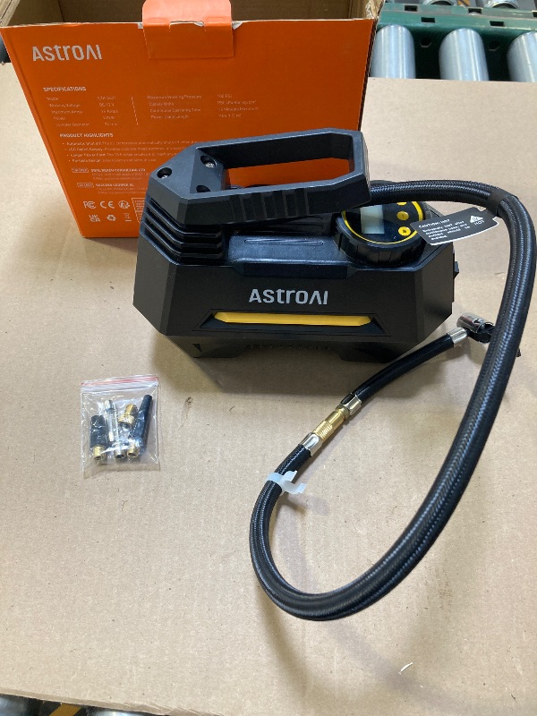 Photo 1 of AstroAI Tire Inflator Portable Air Compressor Tire Air Pump for Car Tires - Car Accessories, 12V DC Auto Pump with Digital Pressure Gauge, Emergency LED Light for Bicycle, Balloons, Yellow
