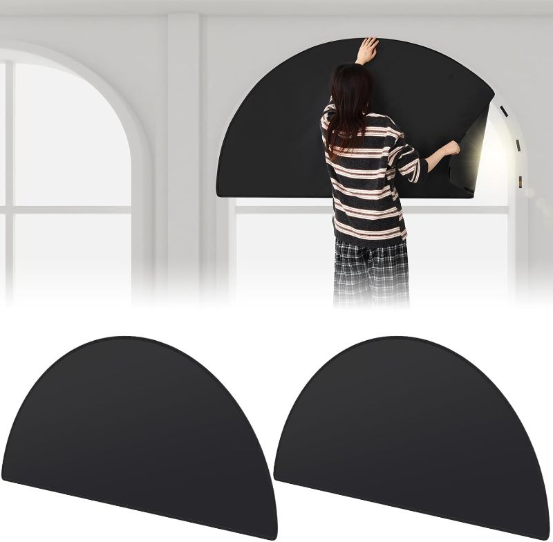 Photo 1 of Juexica 2 Pcs Arch Window Shades No Drill Blackout Curtains with Stickers Half Circle, Moon, Round Shape Easy to Cut and Install Window Shade Blinds Covering for Nursery Living Bathroom Office
