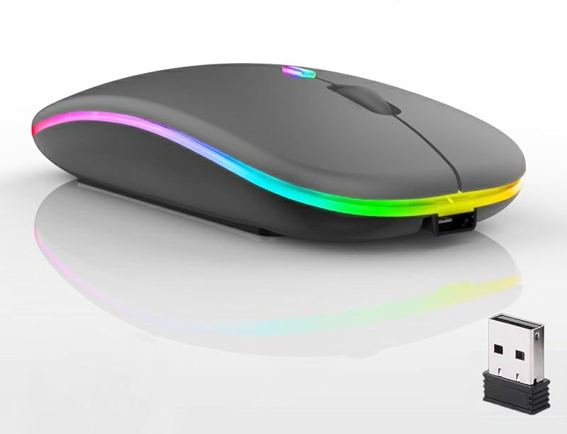 Photo 1 of Wireless Bluetooth Mouse,LED Dual Mode Rechargeable Silent Slim Laptop Mouse,Portable(BT5.2+USB Receiver) Dual Mode Computer Mice,for Laptop,Desktop Computer,ipad Tablet,Phone,TV (Grey)
