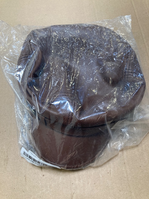 Photo 1 of Yosang Adult Genuine Leather Fiddler Cap Flat Top Maciejówka Breton Style Mariner's Cap - Brown, Medium