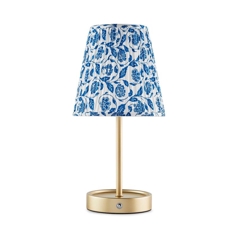 Photo 1 of 13" Rechargeable Metal Accent Lamp with Pleated Blue & White Floral Shade
