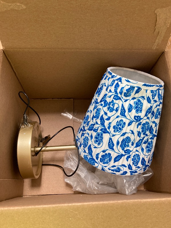 Photo 1 of 13" Rechargeable Metal Accent Lamp with Pleated Blue & White Floral Shade
