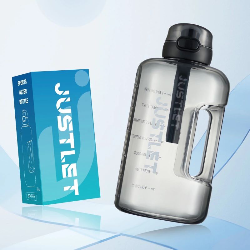 Photo 1 of JUSTLET 74 fl oz Sports Water Bottle with Motivational Time Marker, Leakproof Lid & Sturdy Handle, Gray.