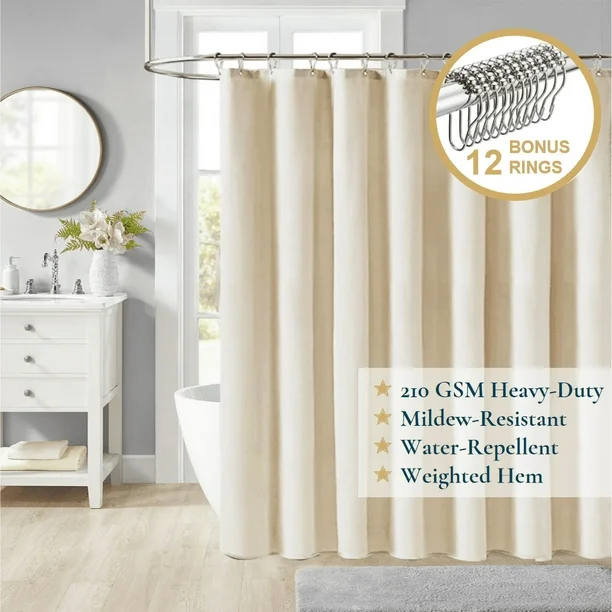 Photo 1 of ComfiTime Fabric Shower Curtain with Hooks – 210 GSM Heavy-Duty Faux Linen Hotel Luxury Cloth Bathroom Curtain, Weighted Hem, Water-Repellent, Mold-Resistant, Machine-Washable, 72 x 72 in, Beige
