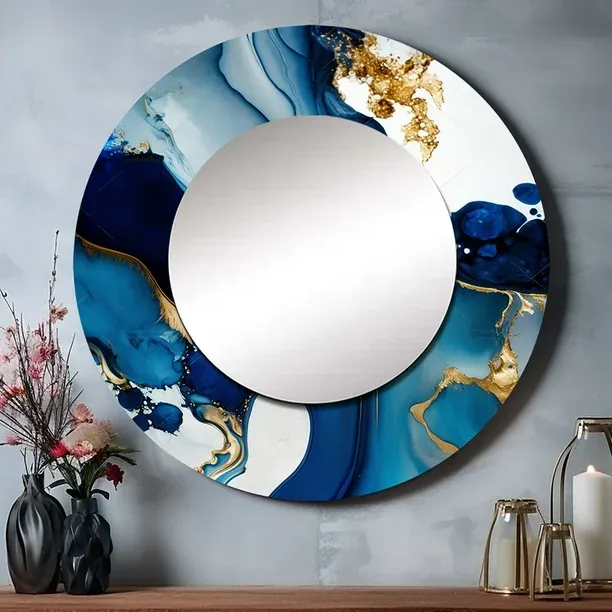 Photo 1 of Designart "Blue-Marbled Geode Abstraction I" Marble Abstract Rund Mirror For Wall Decor - Large Blue Round Printed Mirror -Modern Round Living Room Mirror - 29" x 29"
