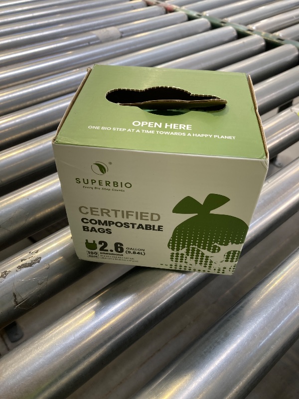 Photo 1 of SUPERBIO 2.6 Gallon Compostable Bags with Handles, 100 Count,1 Pack, Food Scrap Bags Certified by BPI and OK compost INDUSTRIAL, 9.84L