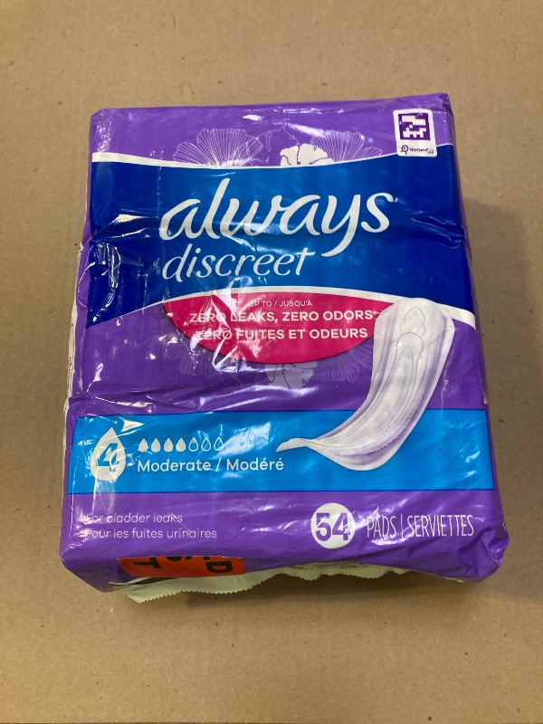 Photo 1 of Always Discreet Adult Incontinence Pads for Women, Moderate Absorbency, Regular Length, Postpartum Pads, 54 CT (Packaging May Vary)