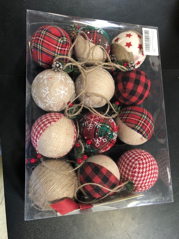 Photo 1 of 12 Pcs Burlap Christmas Ball Ornaments, 3.15 Inches Rustic Buffalo Plaid Christmas Tree Ornaments, Natural Jute Farmhouse Decorations for Xmas Tree, Holiday, Party