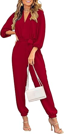 Photo 1 of PRETTYGARDEN Women's Fall Jumpsuits Dressy Casual Pants Romper Spring Long Sleeve V Neck Belt Pockets One Piece Outfits - size M 