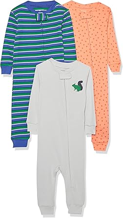 Photo 1 of Amazon Essentials Unisex Toddlers' Snug-Fit Cotton Footless Sleeper Pajamas, Pack of 3, Ecru Festive Tree/Navy/Purple Dots, 5T
