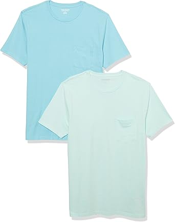 Photo 1 of Amazon Essentials Mens T-Shirts, Regular-Fit, Short-Sleeve Crewneck Pocket, Pack of 2, Aqua Green/White, Large