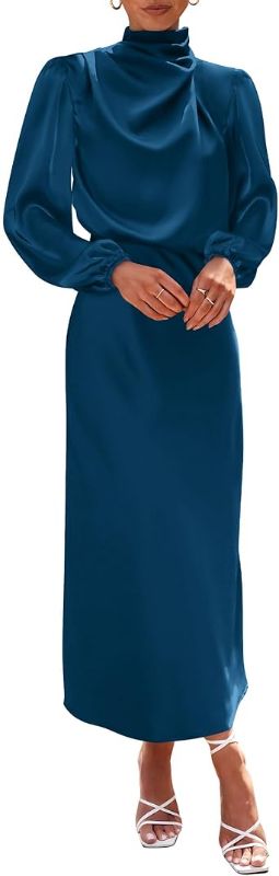 Photo 1 of Women's Neck Satin Dress Long Sleeve - size L 