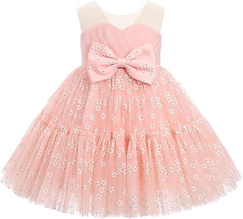 Photo 1 of OBEEII Flower Girl Dresses for Wedding Toddler Baby Girls Christening Sleeveless Floral Print Pleated Tulle Tutu Dress - size 5-6Y