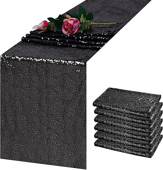 Photo 1 of Black Sequin Table Runner 12" x 108" Pack of 6 Metallic Glitter Table Runner Black Sparkle for Baby Shower Wedding Christmas Birthday Party