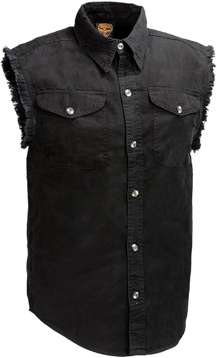 Photo 1 of Milwaukee Leather DM1002 Men's Black Lightweight Denim Shirt with Frayed Cut Off Sleeveless - size M