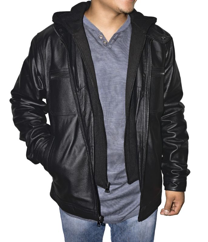 Photo 1 of Men's Vintage Leather Hooded Jacket, Size: Large, Black
