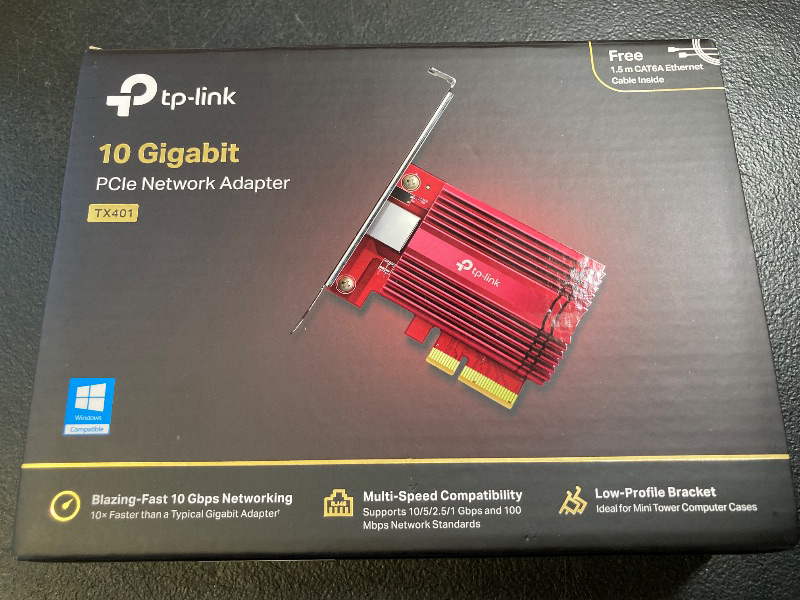 Photo 1 of TP-Link 10GB PCIe Network Card (TX401)-PCIe to 10 Gigabit Ethernet Adapter, Supports Windows 11/10/8.1/8/7, Servers 2019/2016/2012 R2, and Linux, Including a CAT6A Cable