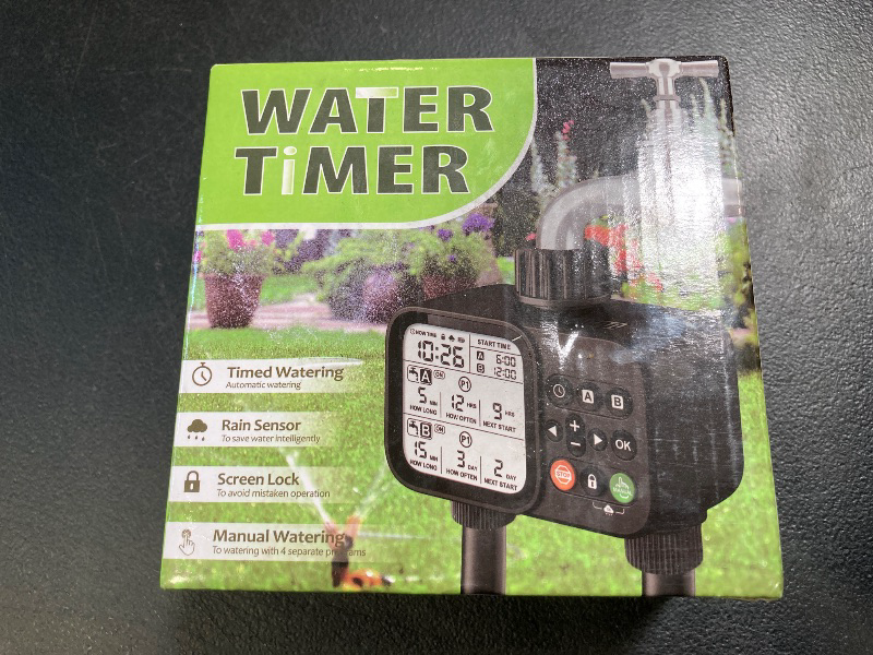 Photo 1 of TJJFMM Sprinkler Timer for Outdoor Garden Hose, 2 Outlet 8 Programmable Water Timer with Rain Delay & Manual/Automatic Modes, Weatherproof Irrigation System for Water Garden Kits, Large LCD Display