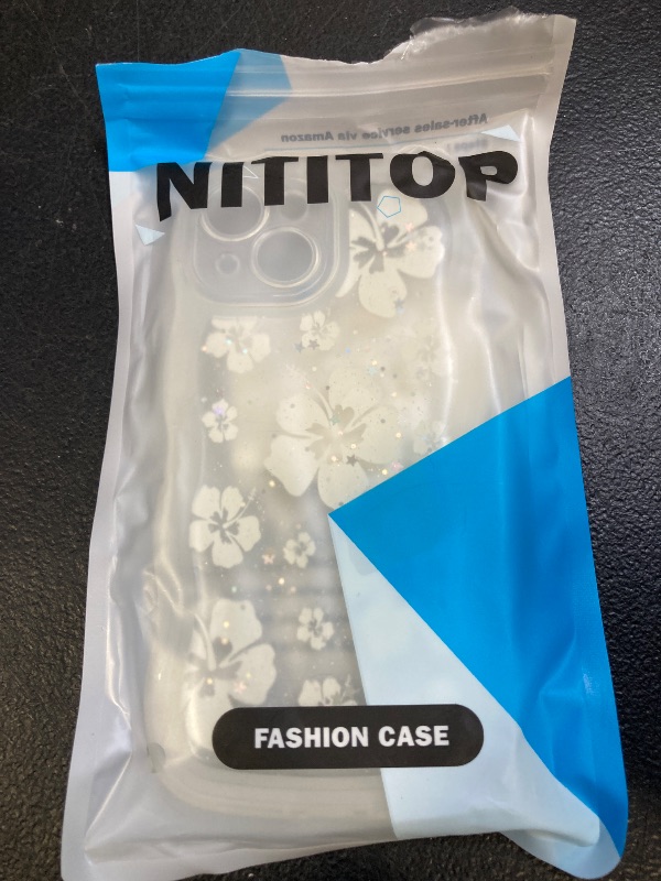 Photo 1 of NITITOP Compatible with iPhone 15 Case Cute Clear for Women Girls Flower Floral Bling Glitter Sparkling Star Wave Curly Frame Soft TPU Shockproof Camera Protective Cover - White