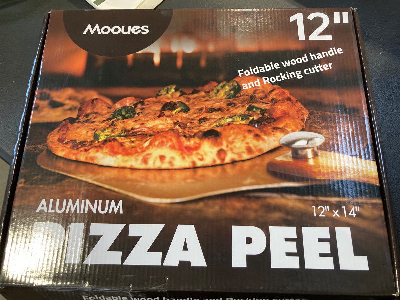 Photo 1 of Pizza Peel Aluminum Pizza Spatula, Mooues 12 inch Metal Pizza Paddle(12"x 14")with Rocker Cutter Foldable Wood Handle, [Storage bag included], for Family Pizza Oven Baking Pizza, Dough, Bread & Pastry