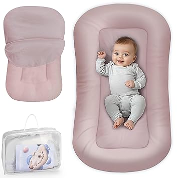 Photo 1 of Baby Lounger - Baby Lounger Pillow for Newborn, 0-24 Months, Infant Lounger for Home and Travel, Soft Cotton, Co Sleeping Baby Nest, Newborn Babies Essentials Gifts, Pink (Lounger Cover Included)